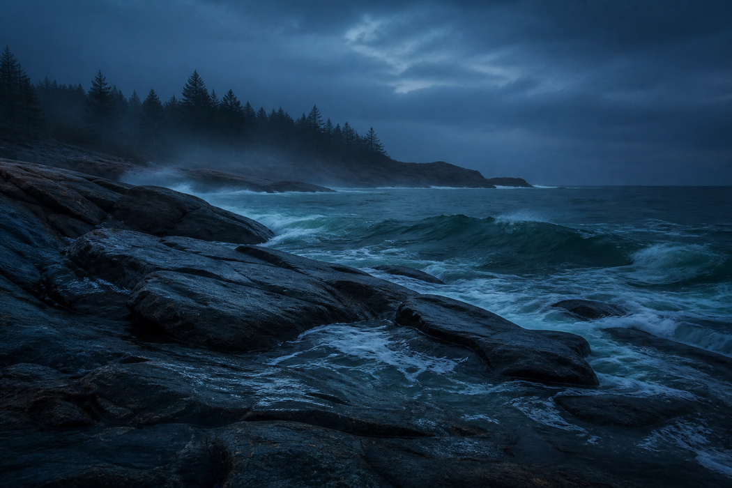 Maine rocky coast in soft fog
